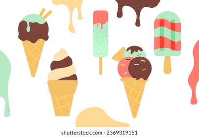 Ice cream seamless pattern concept. Repeating design element for printing on fabric. Frozen dessert and delicacy in waffer cone. Sweet product. Cartoon flat vector illustration