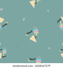 Ice cream seamless pattern with cones and popsicles. Perfect for textile prints, wallpapers, and summer designs.