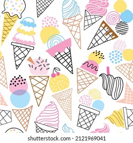 Ice cream seamless pattern. Cute doodle hand drawn background 