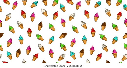 Ice cream seamless pattern. Cute ice cream cone motif with different color and flavors on white background. Vector illustration