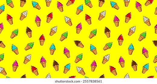 Ice cream seamless pattern. Cute ice cream cone motif with different color and flavors on yellow background. Vector illustration