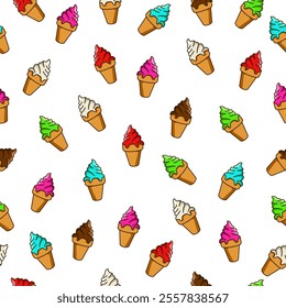 Ice cream seamless pattern. Cute ice cream cone motif with different color and flavors on white background. Vector illustration