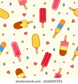 Sorvete sem costura padrão. Papel de parede de fundo bonito. Ilustração colorida da vara do picolé do sorvete