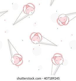 Ice cream seamless pattern. Cute strawberry delicious dessert. Wrapping, fabric, wallpaper, cafe and restaurant design. Vector flat illustration. Isolated objects, on white background