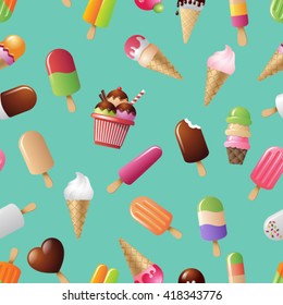 Ice cream seamless pattern. Cute cartoon ice cream on turquoise background.