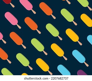 Ice cream seamless pattern. Delicious sweet desserts. Colorful summer background. Vector illustration. Ice lolly, Stick ice cream pattern.