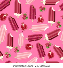 Patrón sin fisuras de helado. Deliciosos postres dulces. Fondo rosa. Ilustración vectorial. Pomegranato y frambuesas.