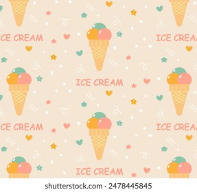 Ice cream seamless pattern. Delicious sweet street food. Cone waffle with filling, ice cream scoops in a cup, ice cream in a cone. Template for background, banner, card, poster. Vector.