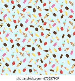Ice cream seamless pattern. Delicious sweet desserts. Colorful summer background. Vector illustration