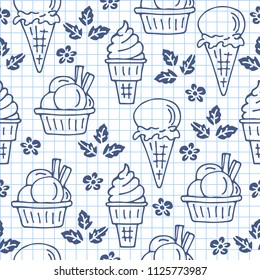 Ice cream seamless pattern. Design element for cafe menu or gift wrap. Hand drawn style.