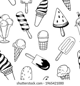 Ice cream seamless pattern. Design element for cafe menu or gift wrap. Hand drawn in doodle style. vector illustration