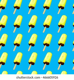 Ice cream seamless pattern. Editable pattern in swatch. Blue background. Vector illustration, eps10. Yellow ice cream with chocolate on blue background seamless pattern. Fabric print.