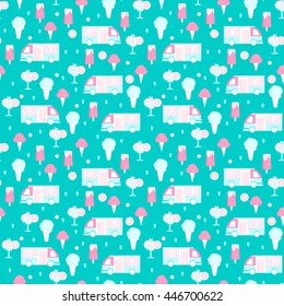 Ice cream seamless pattern in flat style. Background with eskimo, ice cream cone and sorbet and ice cream van. Vector illustration for print, textile, wallpaper and menus.