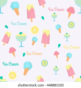 Ice cream seamless pattern in flat style. Background with eskimo, ice cream cone and sorbet. Vector illustration for print, textile and menus.