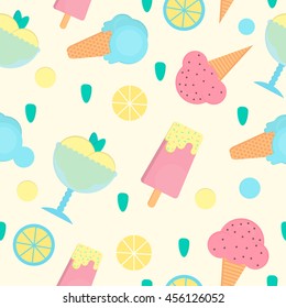 Ice cream seamless pattern in flat style. Background with eskimo, ice cream cone and sorbet. Vector illustration for print, textile and menus.