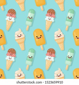 Ice cream seamless pattern. funny fast food kawaii style on blue background. vector illustration.