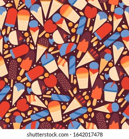 Ice cream seamless pattern, gelateria wrapping paper vector illustration. Flat style icons for creamery, variety of different kinds of gelato, ice cream cafe assortment. Gelateria background print