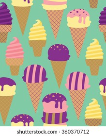Ice Cream seamless pattern, green color background, vector illustration set.
