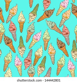 Ice cream seamless pattern, hand drawn doodles over a blue background