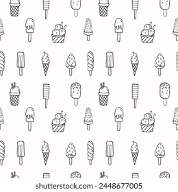 Ice Cream seamless pattern. Hand drawn ink sketch with cold milk dessert, repeating background. Line art vector illustration. Design rapport for label, card, print, paper, wrapping, textile, fabric