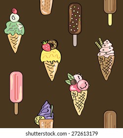 Ice cream seamless pattern. Hand drawn sweets texture. Summer food design.