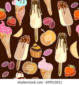 Ice cream seamless pattern hand drawn vector. Sweet ice cream summer background