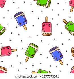 Ice cream seamless pattern isolated on white background. Kawaii cartoon style illustraion. Vector flat outline icon.