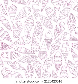 Ice cream seamless pattern. Line doodle ice cream background