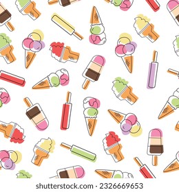 Ice cream seamless pattern in line art.Vector illustration cartoon flat style