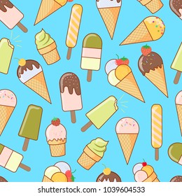 Ice cream seamless pattern on light blue background. Ice cream illustration background pastel colors flat style. Assorted Ice Cream for print card and textile