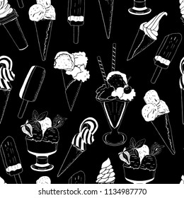 Ice cream seamless pattern on black. Vector illustration, hand drawn elements. 