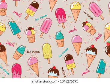 Ice cream seamless pattern on light gray background. Ice cream illustration background pastel colors flat style. Assorted Ice Cream for print card and textile