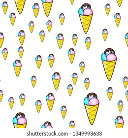 Ice cream seamless pattern on white background. Paper print design. Abstract retro vector illustration. Trendy textile, fabric, wrapping. Modern space decoration.