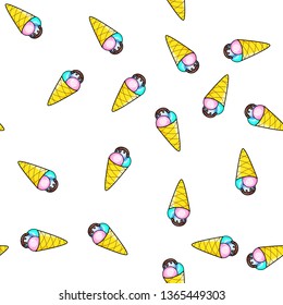 Ice cream seamless pattern on white background. Paper print design. Abstract retro vector illustration. Trendy textile, fabric, wrapping. Modern space decoration.