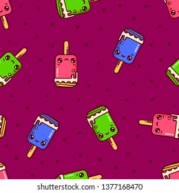 Ice cream seamless pattern on pink background. Kawaii cartoon style illustraion. Vector flat outline icon.