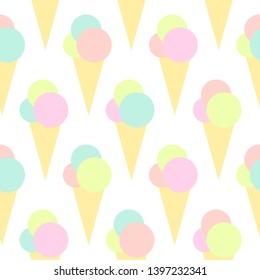 ice cream seamless pattern on white background. Ice cream scoops and waffle cone. summer pastel sweet ornament. Vector flat illustration.