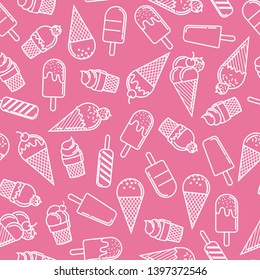 Ice cream seamless pattern on pink background. Vanilla, chocolate, fruit ice cream. Sweet dessert illustration