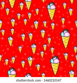Ice cream seamless pattern on white background. Paper print design. Abstract retro vector illustration. Trendy textile, fabric, wrapping. Modern space decoration.