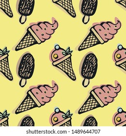 Ice cream seamless pattern on a yellow background. Hand drawn doodle illustration of a retro style.