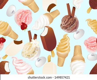 Ice cream  seamless pattern on blue background