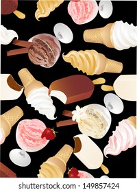 Ice cream  seamless pattern on black background