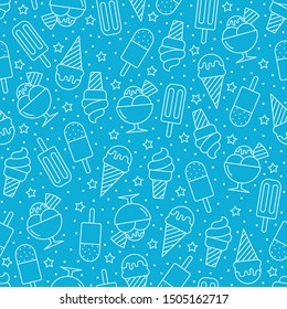 Ice cream seamless pattern on blue background, Simple outline flat design for decorative or gift wrapping paper, Vector illustration