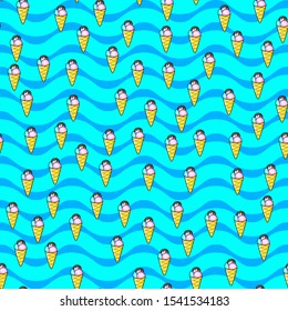 Ice cream seamless pattern on white background. Paper print design. Abstract retro vector illustration. Trendy textile, fabric, wrapping. Modern space decoration.