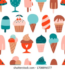 Ice cream seamless pattern on white. Flat hand drawn food. Summer texture for kitchen textile, kids fabric, paper. Funny sweet dessert background. Waffle cones, ice lolly. Cute children illustration