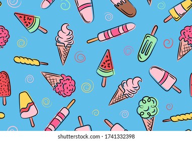 Patrón transparente de helado sobre fondo azul claro. Fondo de la ilustración del doodle helado. Crema de hielo surtido para impresión, adición, tarjeta y textil
