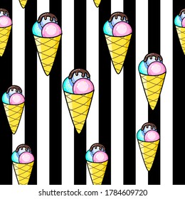 Ice cream seamless pattern on white background. Paper print design. Abstract retro vector illustration. Trendy textile, fabric, wrapping. Modern space decoration.