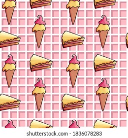 Ice cream seamless pattern on a pink background, grid, squares, cake, ice cream, pink, yellow, waffle, dessert, sweet, wallpaper, gift paper, wrapper, typography, fabric, clothing, pastry shop, cafe