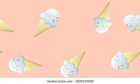 Ice cream seamless pattern on white background. Ice cream cone and strawberry, cherry, candies