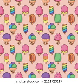 Ice cream seamless pattern on pink background. vector illustration.	