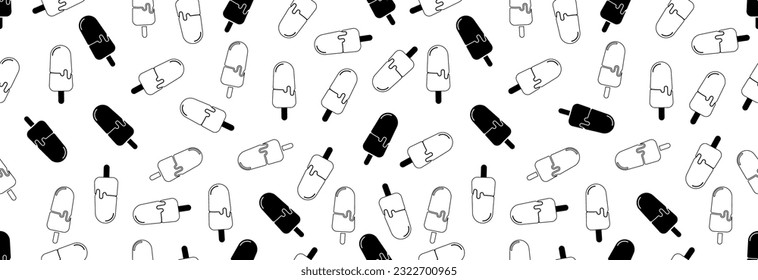 A lot of ice cream, seamless pattern on a white background. Black and white drawing.
